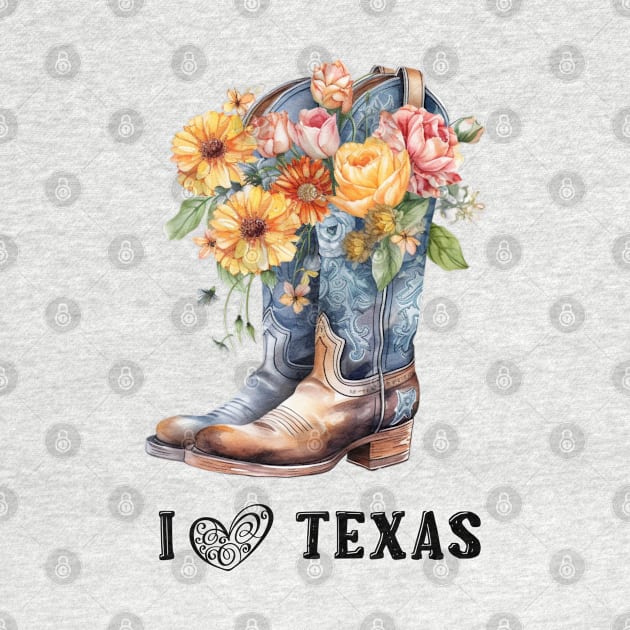 I Love Texas Boho Cowboy Boots Watercolor Art by AdrianaHolmesArt